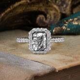 2 Carat Emerald Cut Black Rutilated Quartz 4 Prong Engagement Ring Pave Halo Bridal Ring